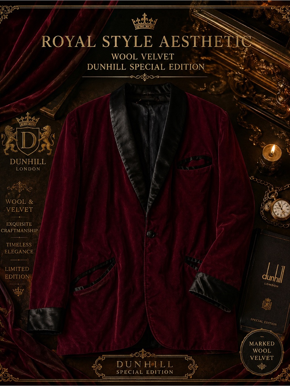 Dunhill Burgundy hand made Velvet Blazer with Black Satin Shawl Collar